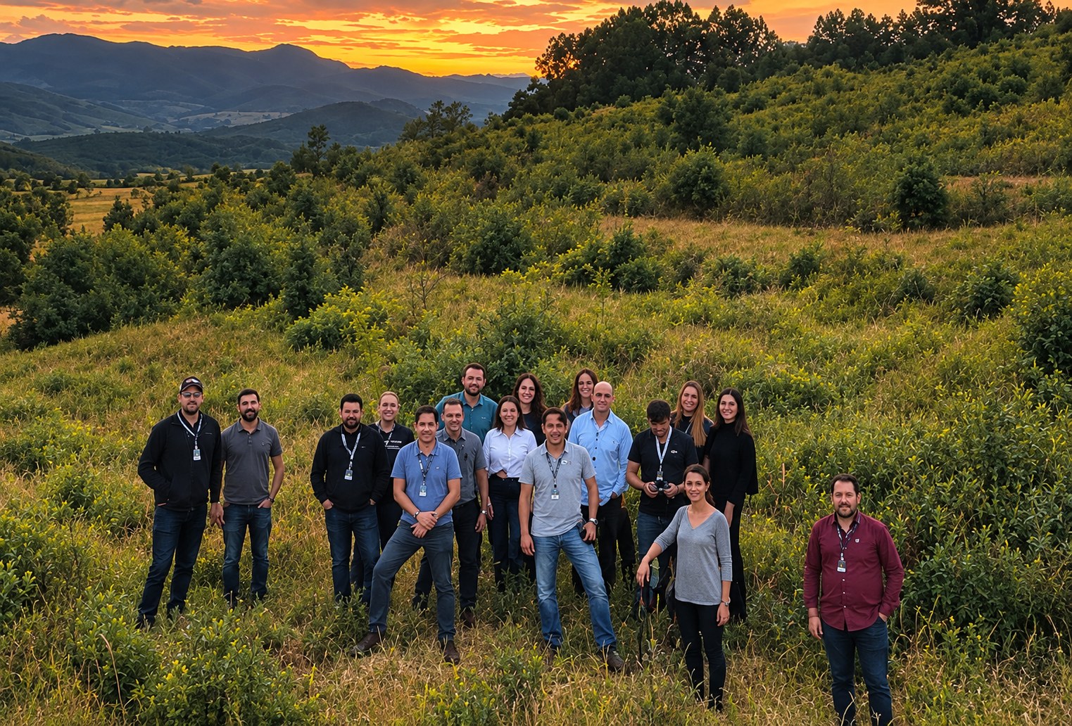 Equipe RE/MAX Lounge Divisão Agro no campo ao pôr do sol