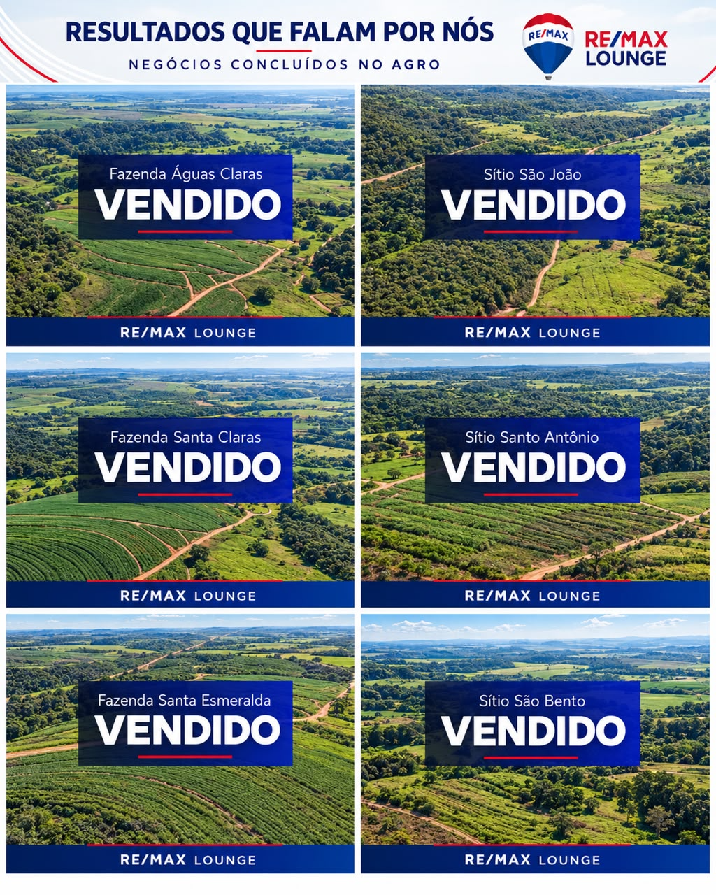 Grid de fazendas e sítios vendidos pela RE/MAX Lounge Divisão Agro